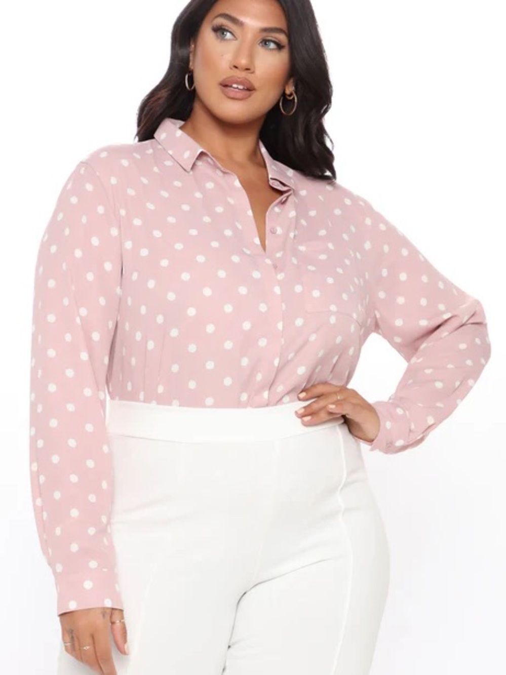 Women's FashionNova plus Pink Polka Dot Button-Up Shirt size XL